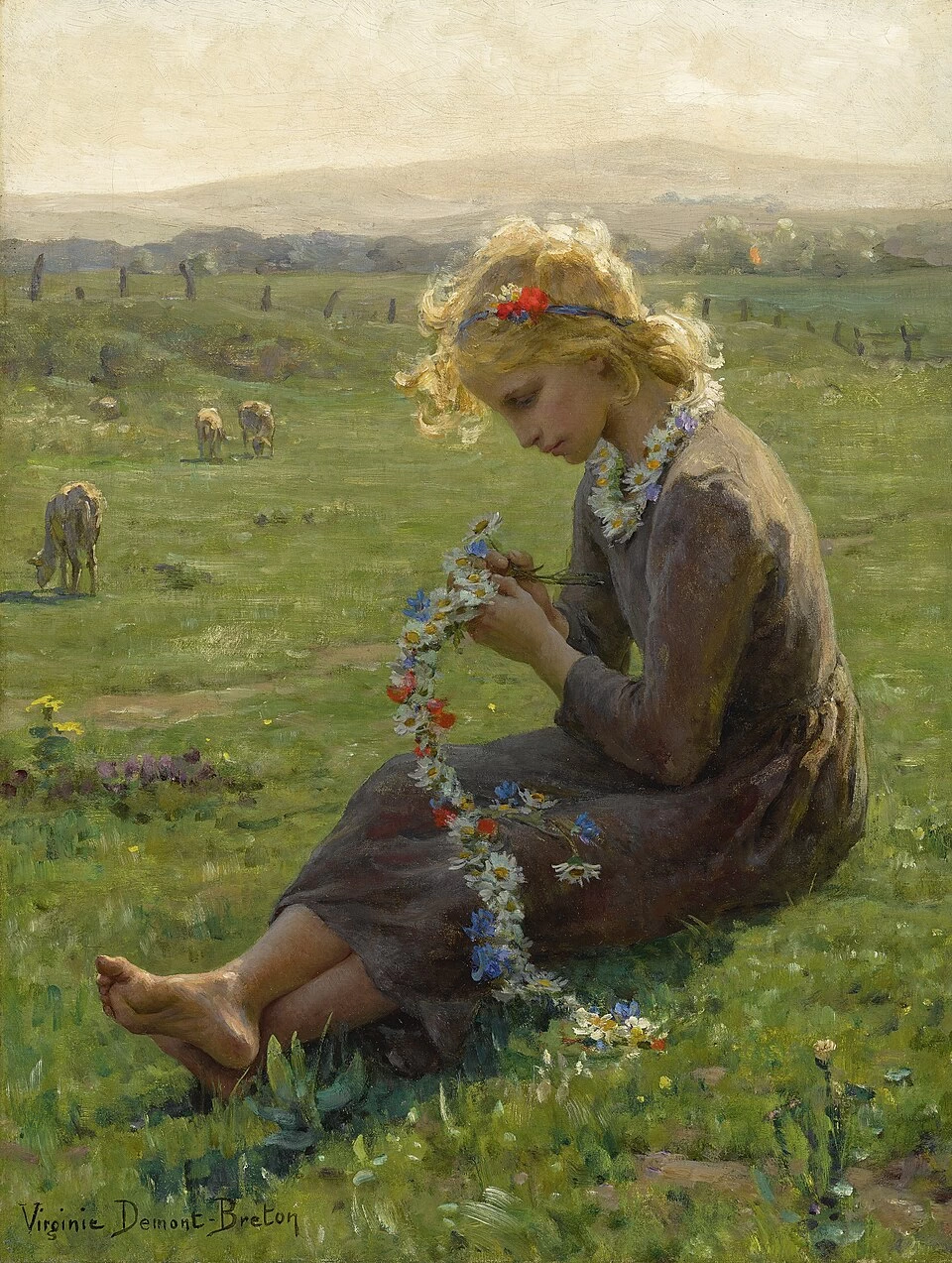 Bambina con una ghirlanda di fiori selvatici